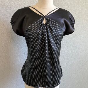 Satin Polka Dot Silk Blouse Size Medium EUC Cut Out Neckline